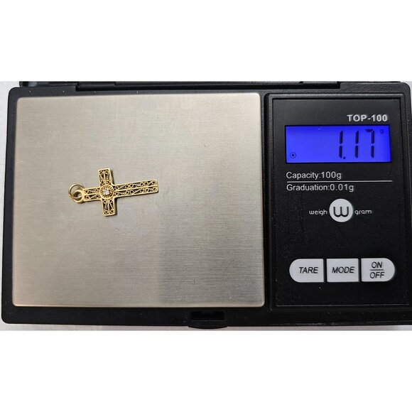 14K Yellow Gold Diamond Chip Filigree Cross Pendant - Picture 10 of 11